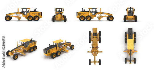 Grader Heavy earth moving equipment renders set from different angles on a white. 3D illustration
