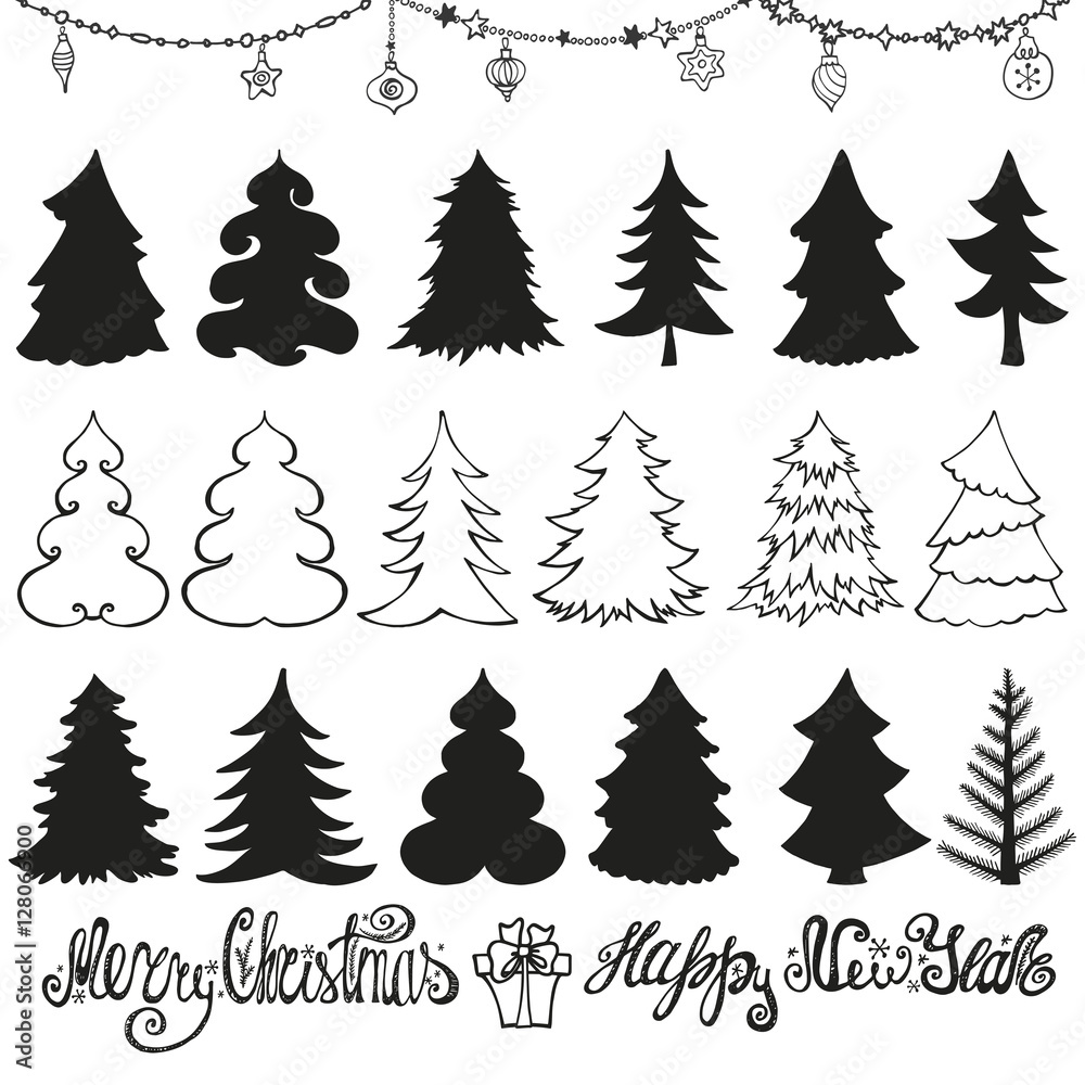 Christmas tree silhouettes.Lettering.Black