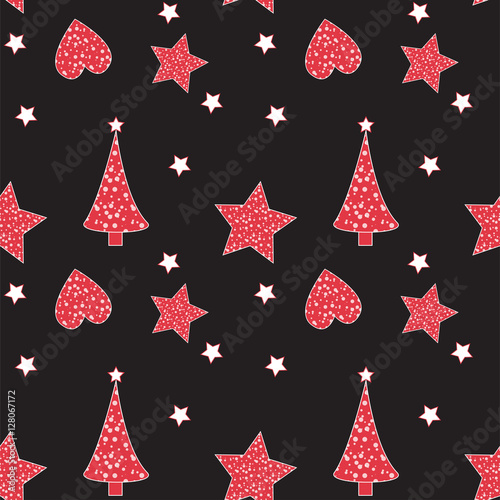 Seamless pattern with Winter Christmas tree, heart and star