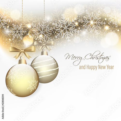 Christmas and New Year wishes with hanging baubles and bow.