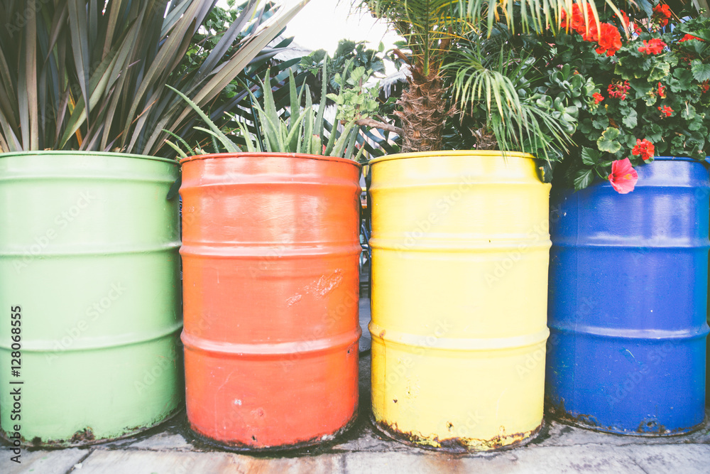 Colored barrels with flowers