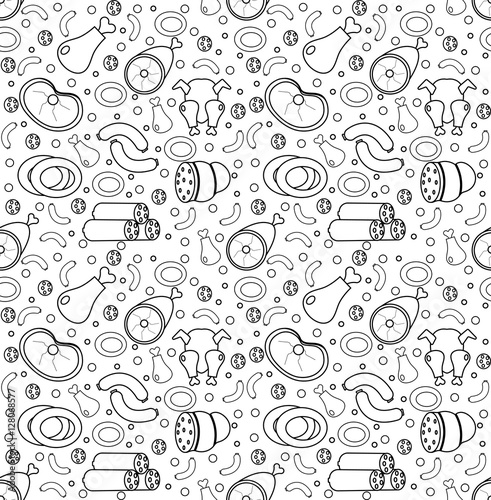 Meat products seamless pattern, modern line, doodle, sketch style. Meats and sausage endless background, texture. Vector illustration.