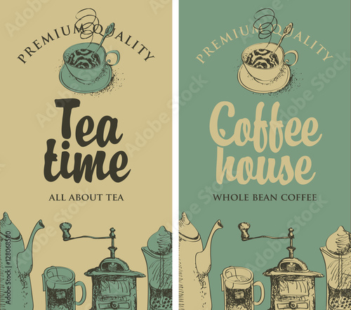 set of vector banners on the theme of tea and coffee with pictures of kitchen equipment