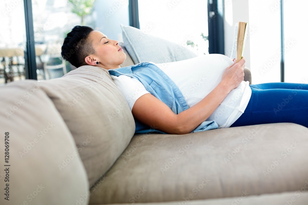 Pregnant woman reading a book while lying on sofa Pregnant woman reading a book while lying on sofa