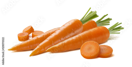 Fresh carrot group with pieces isolated on white background