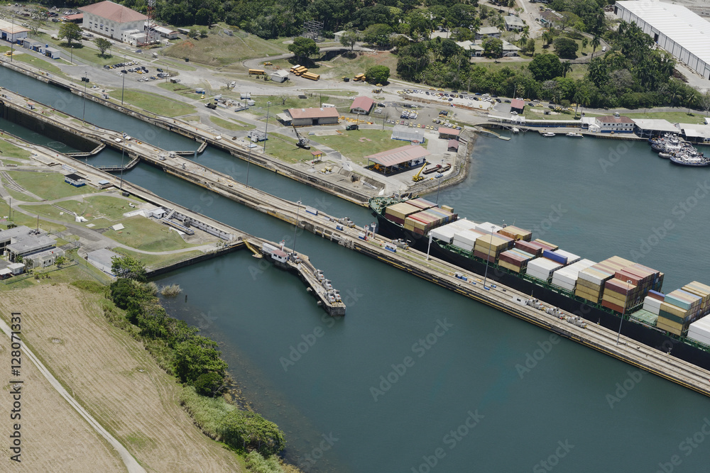 Large cargo ship exiting Gatun Locks, Panama Canal