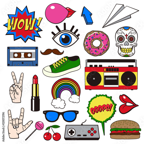 Retro patch badges set. Collection of cartoon icons, stickers and stripes in vintage comic style.