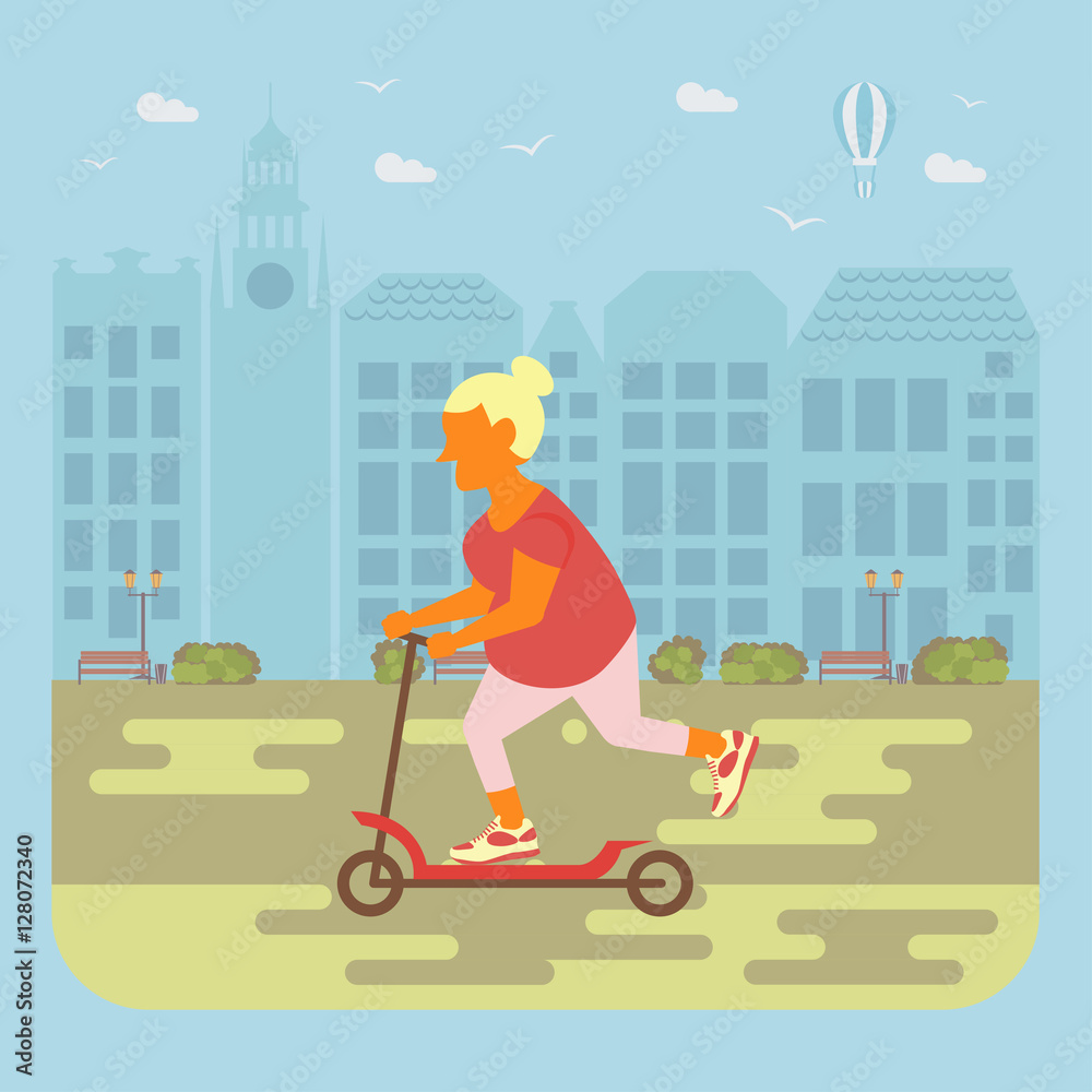 Happy people concept. Senior woman cycling by the street. Flat style cartoon vector illustration with isolated characters on city background.