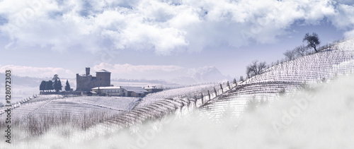 View of the Castle of Grinzane Cavour in winter with snow