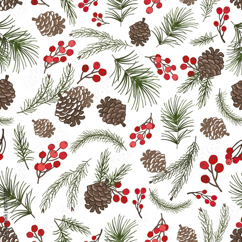 Christmas tree branches seamless pattern.Cone,berries
