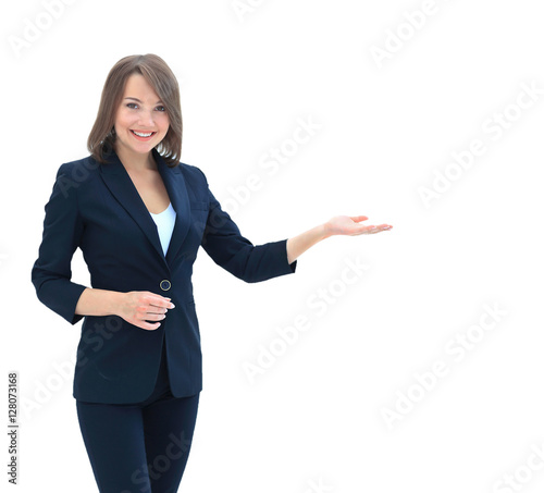 Smiling businesswoman showing open hand palm with copy space for photo