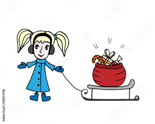 Isolated little girl pulling sled with big sack with candies and