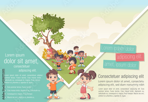 Template for advertising brochure with cute cartoon kids playing. Sports and recreation.
