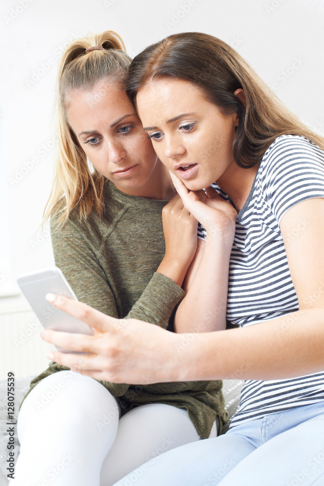 Teenage Girl With Friend Being Bullied By Text Message Teenage Girl With Friend Being Bullied By Text Message