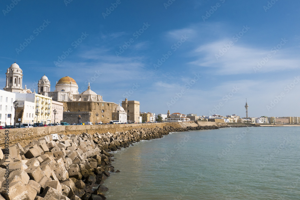 Blue sky, seafront and the Cathedral Campo del Sur in Cadiz, Spa