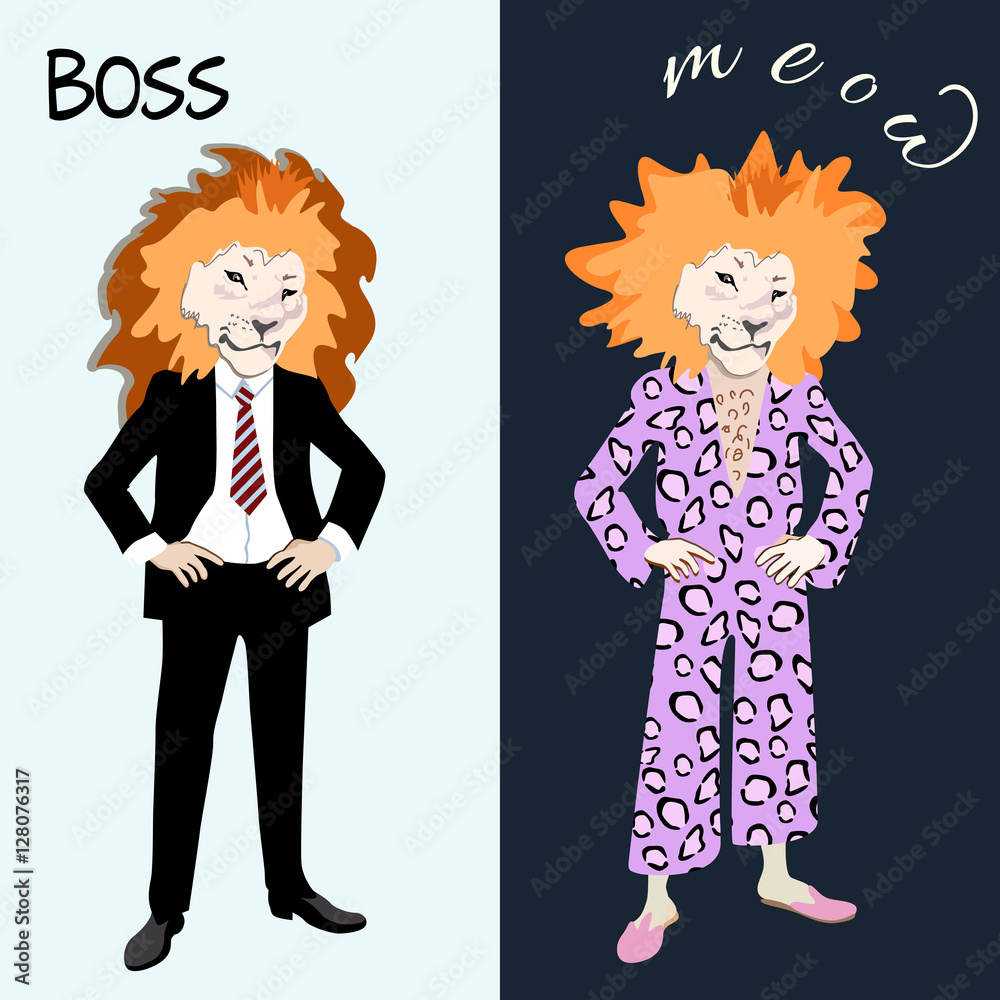 Abstract watercolor illustration two lion different, boss in suit and tie Abstract watercolor illustration two lion different, boss in suit and tie