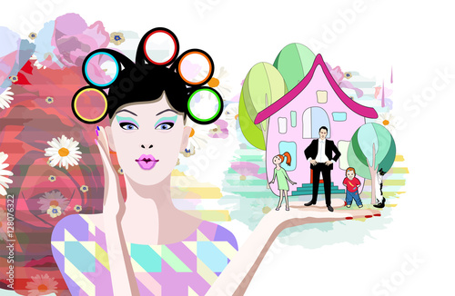 Abstract watercolor draw housewife in curlers, in hand family, home, husband, children