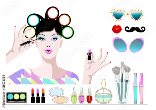 Abstract vector draw cool girl, hair curlers, color eyelashes lips, makeup, toiletries, sunglasses