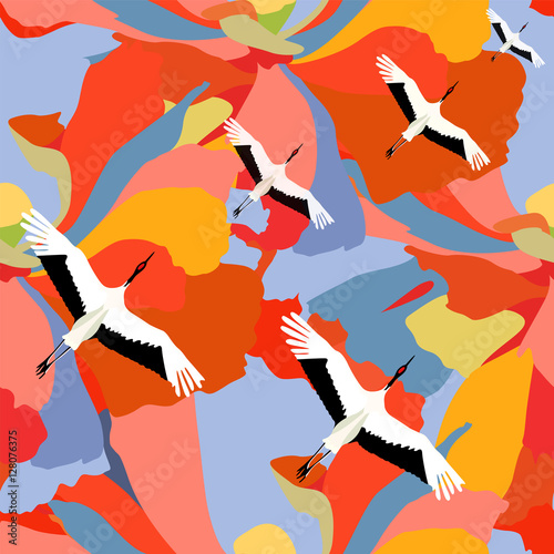 Abstract illustration of Japanese cranes flying over field with lakes and rivers, autumn, summer