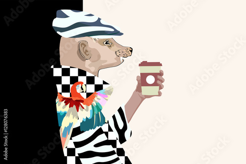 Abstract watercolor draw style Man Meerkat, coffee in hand, hat coat