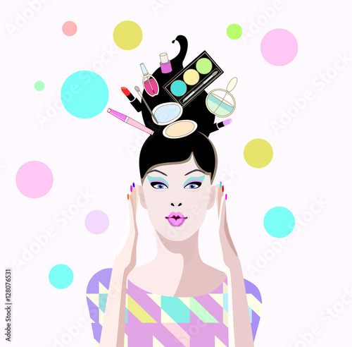 Abstract vector draw of surprised girl in shop with cosmetic, in hair lipstick perfume