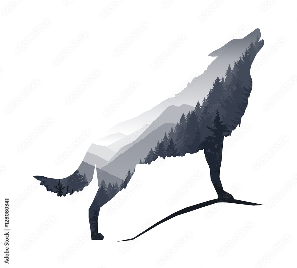 Fototapeta premium Sylwetka wyjącego wilka z szarego krajobrazu gór.