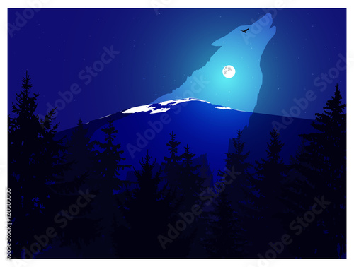 Abstract landscape. Eco banner. Clear silhouette of howling wolf. Night. Moonlights.