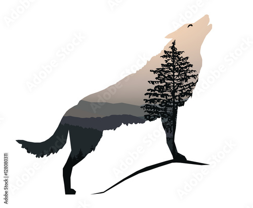 Silhouette of howling wolf with  mountains landscape. Gray tones.