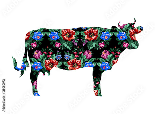 Silhouette of cow with color bouquet of wildflowers (lilia, bellflower, barberry flower and cornflowers) on the black background using traditional Ukrainian embroidery elements.