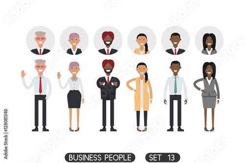 Business people set 13. Isolated on white background. Different nationalities and dress styles. Icons office people