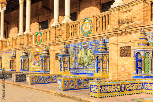 Seville, Spain. Tiled walls of Spanish Square (Plaza de Espana)