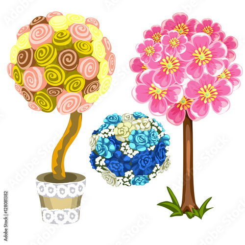Two unusual tree and bouquet of blue roses. Vector