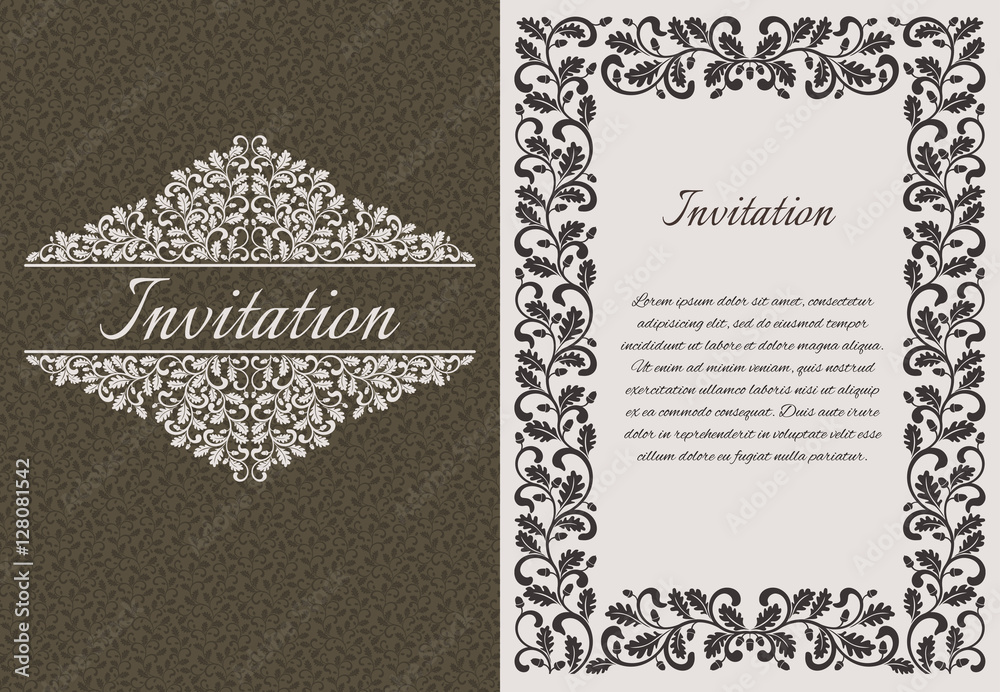 Vintage Wedding Invitation template. Design decorated with oak leaves and acorns