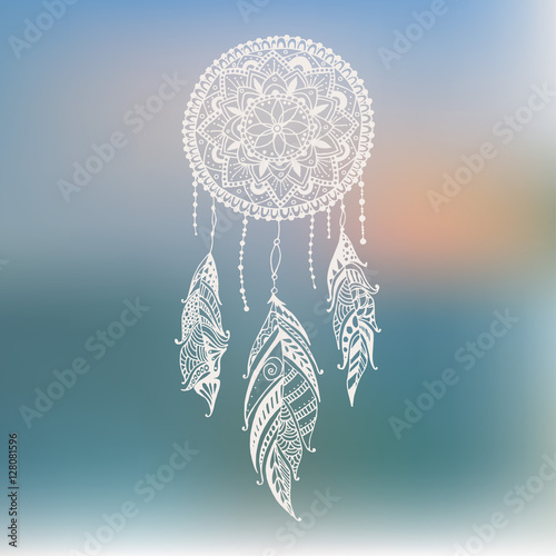 Dreamcatcher with feathers. Vector hand drawn illustration