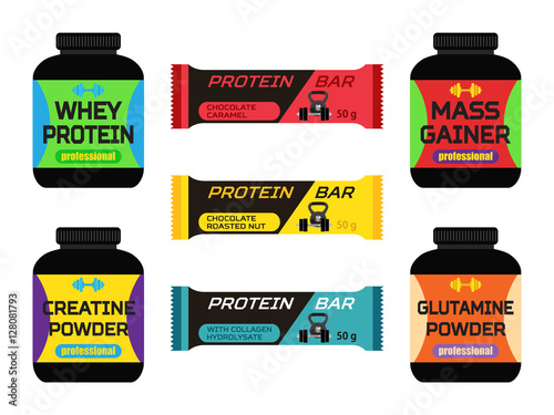 Sports nutrition, supplements, creatine, whey protein, gainer bars. Flat style.