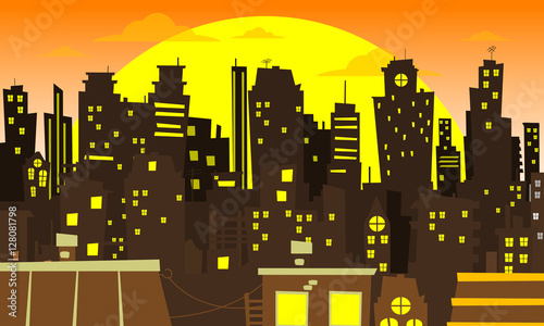 Evening cityscape vector illustration.