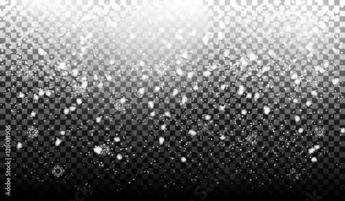 EPS10. Vector falling snow effect isolated on transparent background with blurred bokeh
