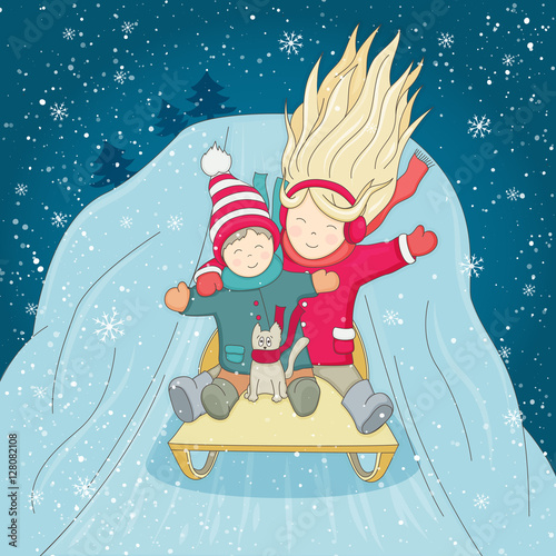 Christmas illustration. Cheerful, happy kids are rolling from the mountain on a sled. Girl, Boy and cat.
