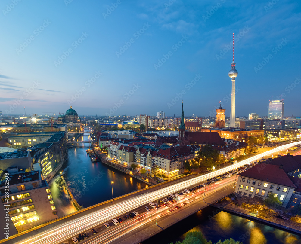 Berlin, bird view over Alexanderplatz and river at night Berlin, bird view over Alexanderplatz and river at night