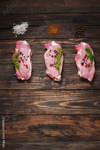 Food. Sliced pieces of raw Meat for barbecue on wood