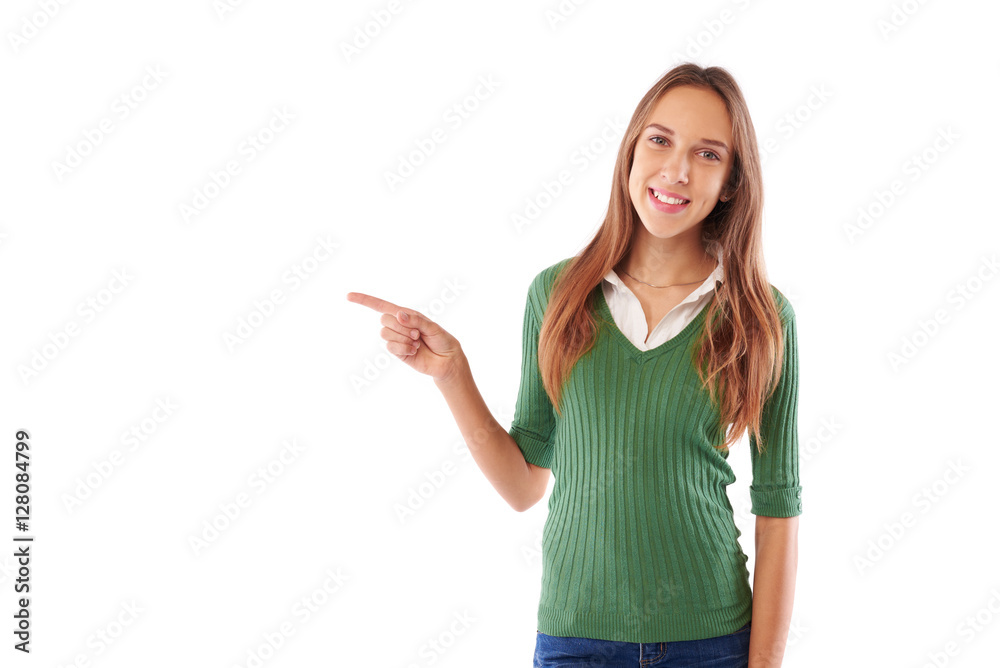Pretty slender girl showing direction with index finger sideways Pretty slender girl showing direction with index finger sideways