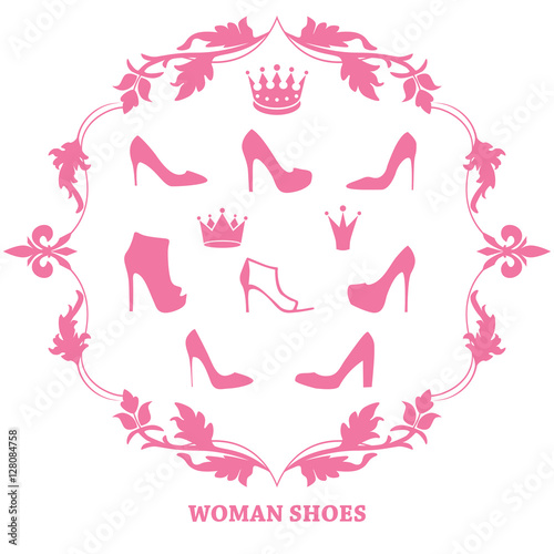 Set of woman shoes silhouettes with crowns in vintage frame. 