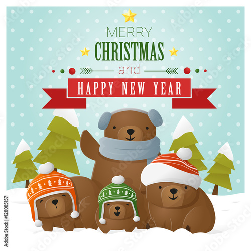Merry Christmas and Happy New Year greeting card with bear family , vector , illustration