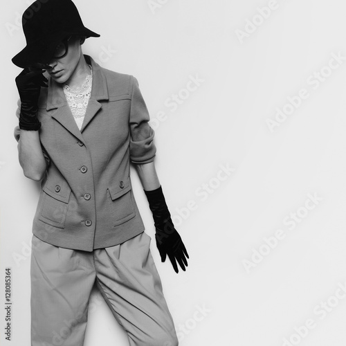Black and white photo. Vintage Fashion Lady Classic suit and sty photo