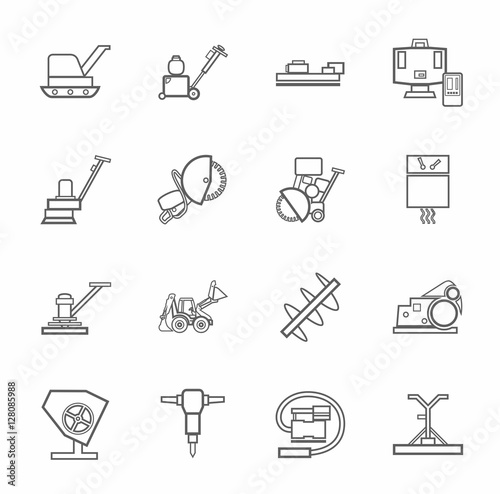 Equipment for working with concrete, construction machinery, contour icons monochrome. Vector, linear grayscale images of construction equipment and tools on white background. 