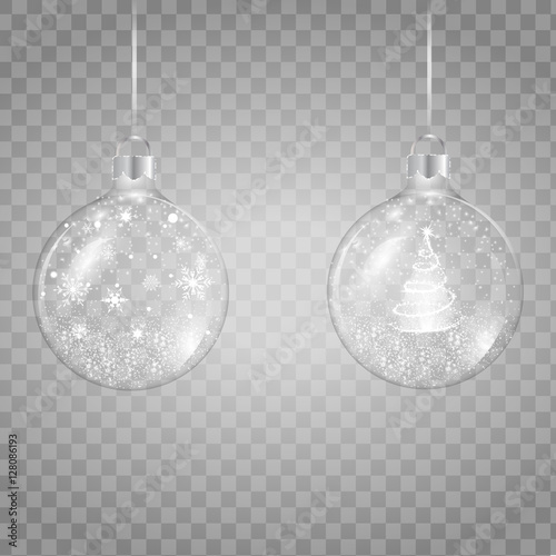 Template of glass transparent Christmas ball with falling snowflakes . Vector illustration