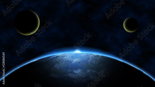 Fototapeta Naklejka Na Ścianę i Meble -  Planet earth sunrise and two meteorites