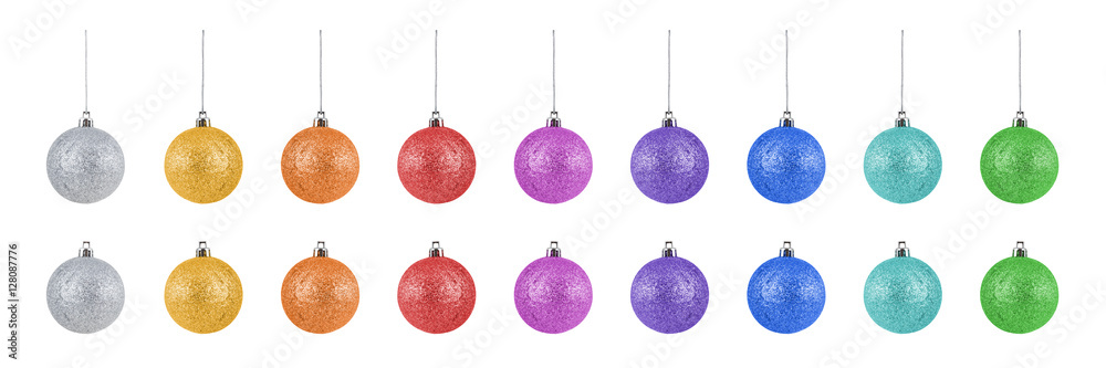 Collection of colorful Christmas balls with and without ribbon for hanging Collection of colorful Christmas balls with and without ribbon for hanging