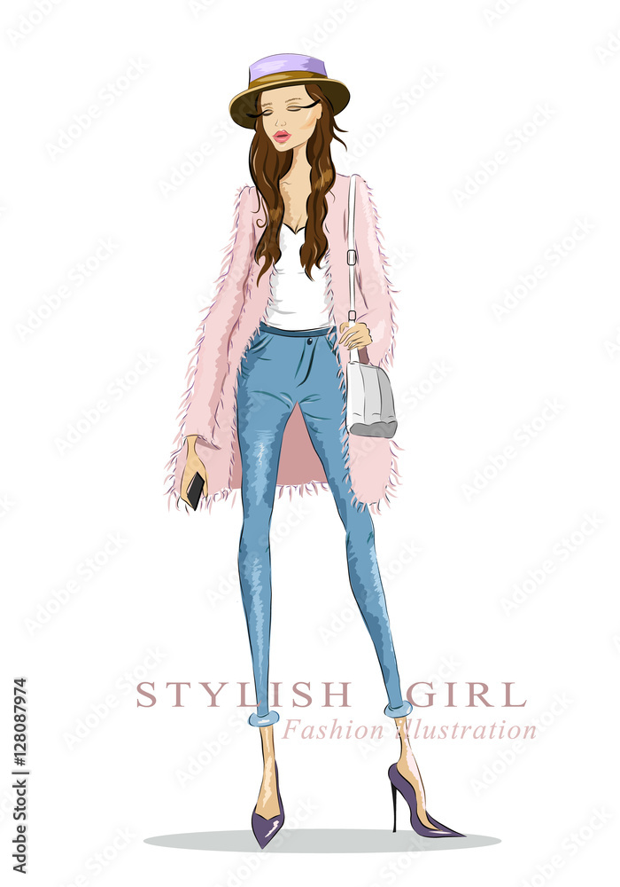 Fashion sketch. Drawing woman with hat and long hair, wearing fashion  clothes. Vector illustration. Stock Vector | Adobe Stock