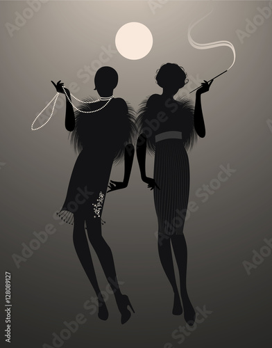 Two elegant flapper girl silhouettes under the moon